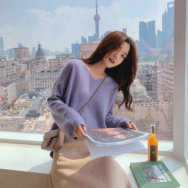 Women Sweaters 2021 High Quality Autumn Cashmere Cotton Blended Ladies Knitted Solid Pullovers Korean Style Loose Plus Size Female Top