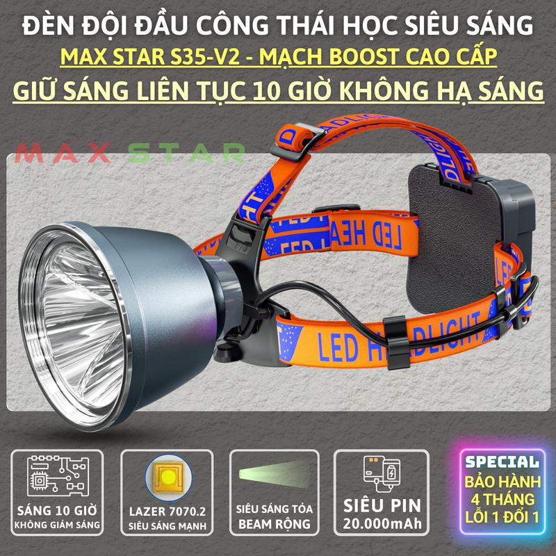 Đèn đội đầu siêu sáng mạnh 10 giờ không hạ sáng MAX STAR S35V2 chóa 11,5cm pin 20000mAh sạc dự phòng chống nước cường độ cao tích den pintrau
