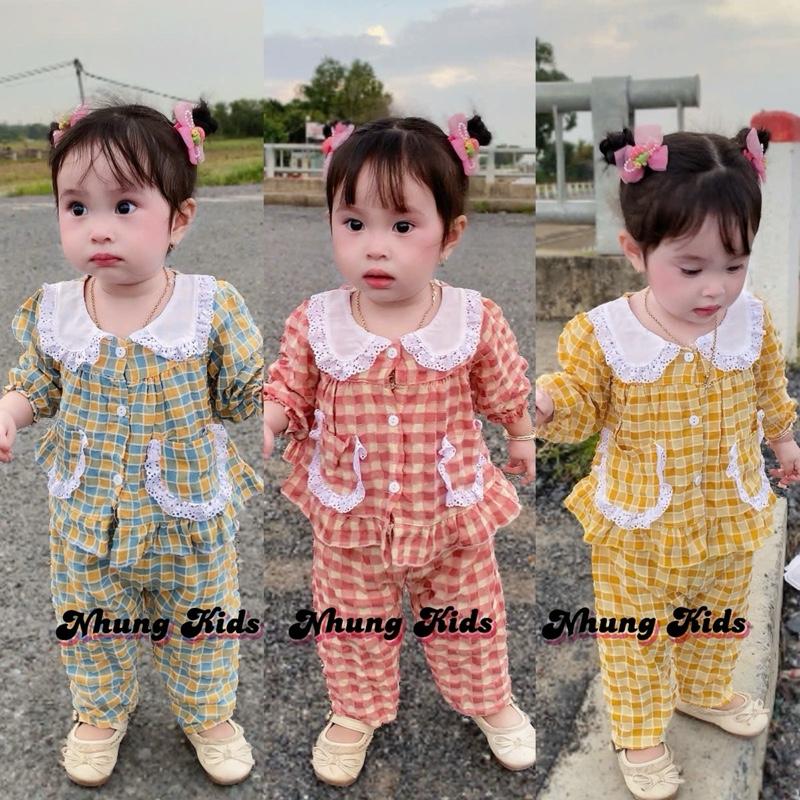 (7-12kg)Đồ bộ bé gái áo tay dài bo chun cổ sen có túi,quần dài chất vải đũi nhung mịn mát cho bé dưới 2 tuổi rưỡi