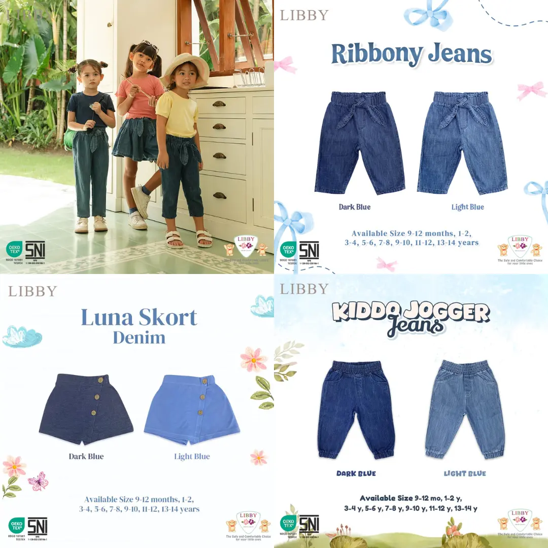 Libby Ribbony Jeans - Kiddo Jogger Jeans - Luna Skort Denim - Celana Tom Short Libby Earth 100% Cotton Anak-Anak dengan Tali Aksesoris