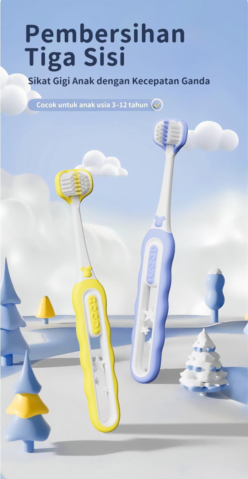 Sikat Gigi Tiga Sisi untuk Anak-anak Membersihkan Secara Menyeluruh dan Efisien dengan Desain Tiga Sisi yang Melingkupi Sikat Gigi 1 Pak Berisi 4 Cocok untuk Anak Usia 3-12 Tahun