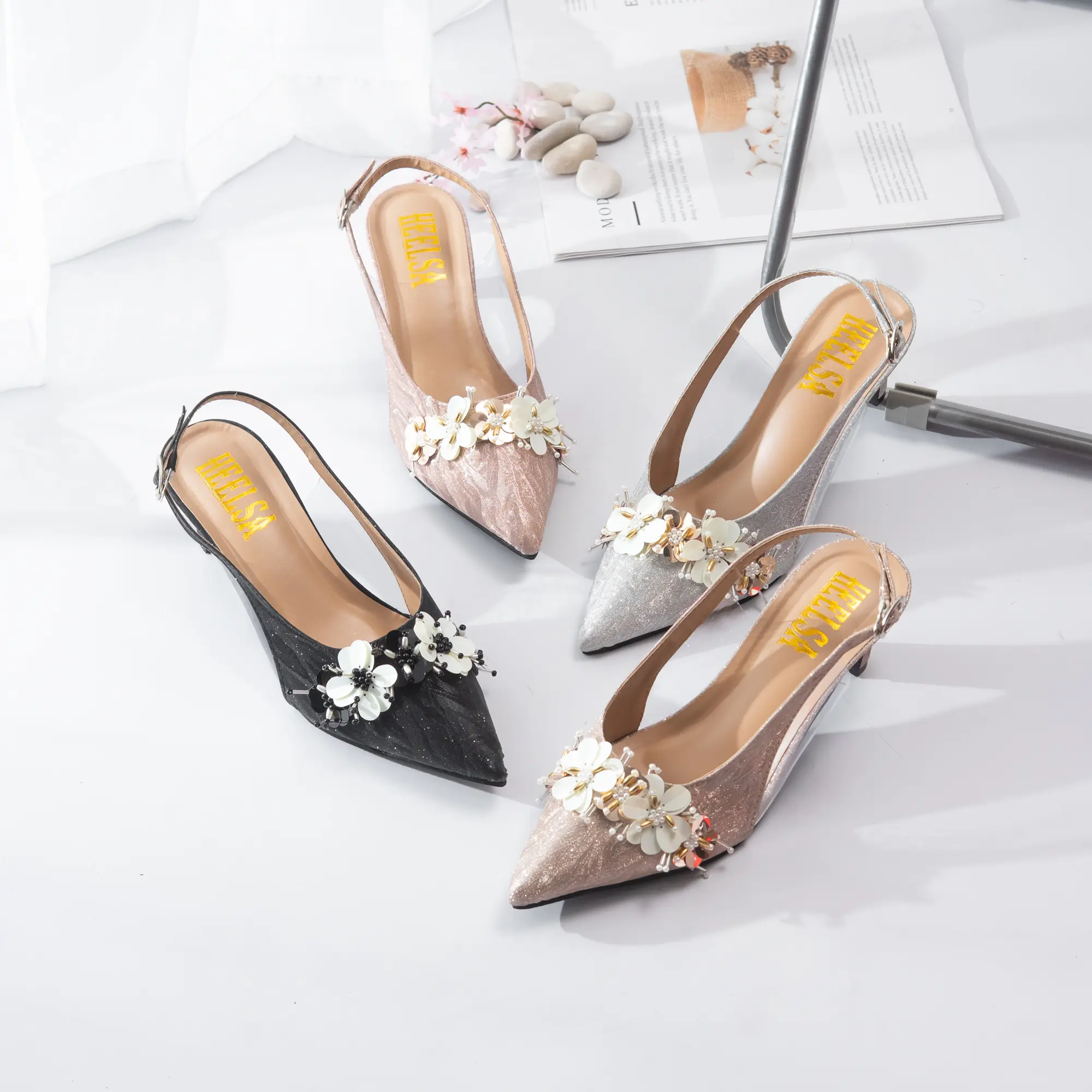 HEELSA Sepatu Mules Pesta Wanita 5cm Sandal Heels Mewah Renda Bunga Mote Sendal Kondangan Terbaru Arsya
