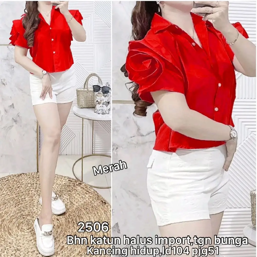 2506 / 2566 - Kemeja bhn Katun halus import, tangan bunga, kancing hidup