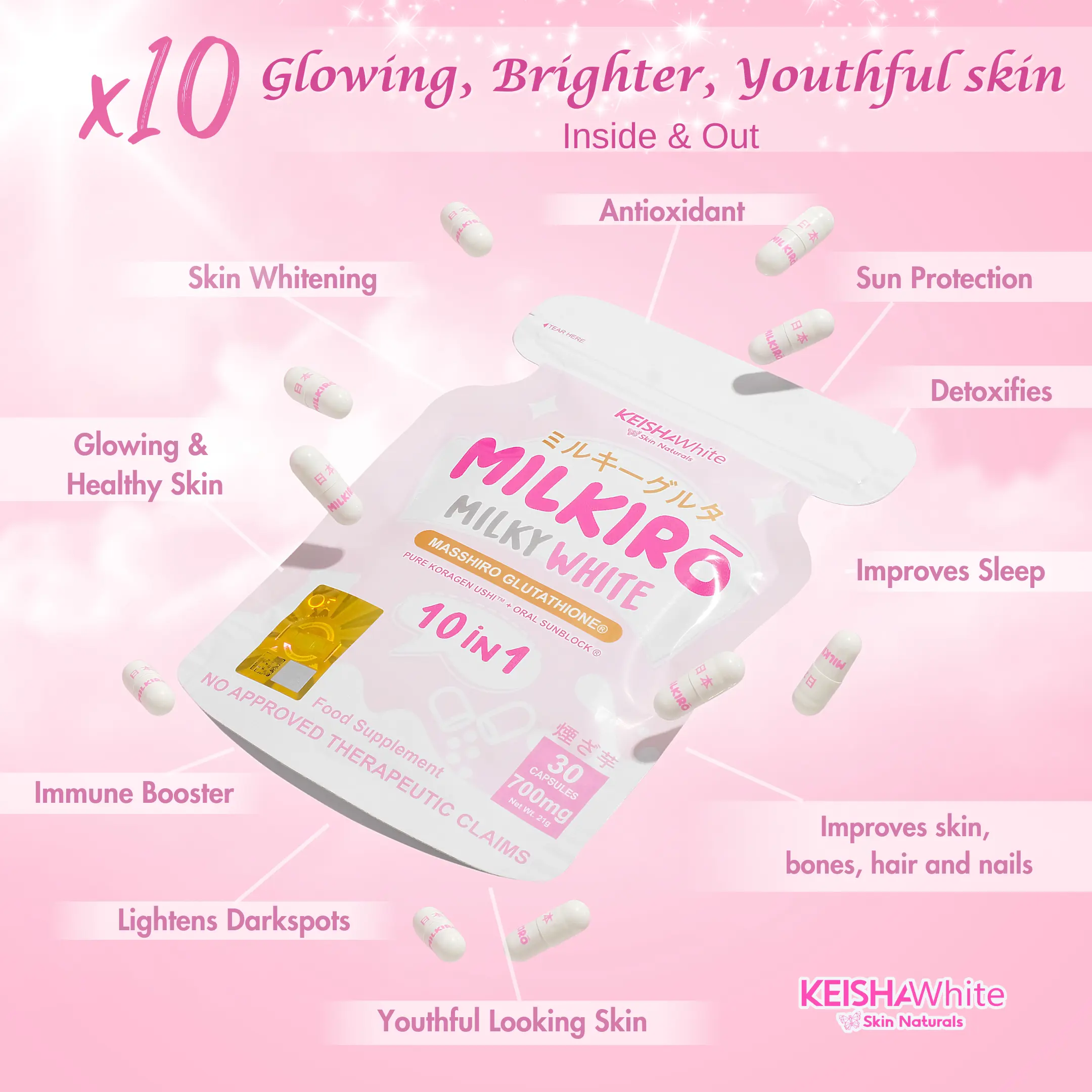 MILKIRO MILKY WHITE 10in1 Glutathione Capsules with Collagen, Oral  Sunblock, Vitamin C Beauty Supplement I Whitens