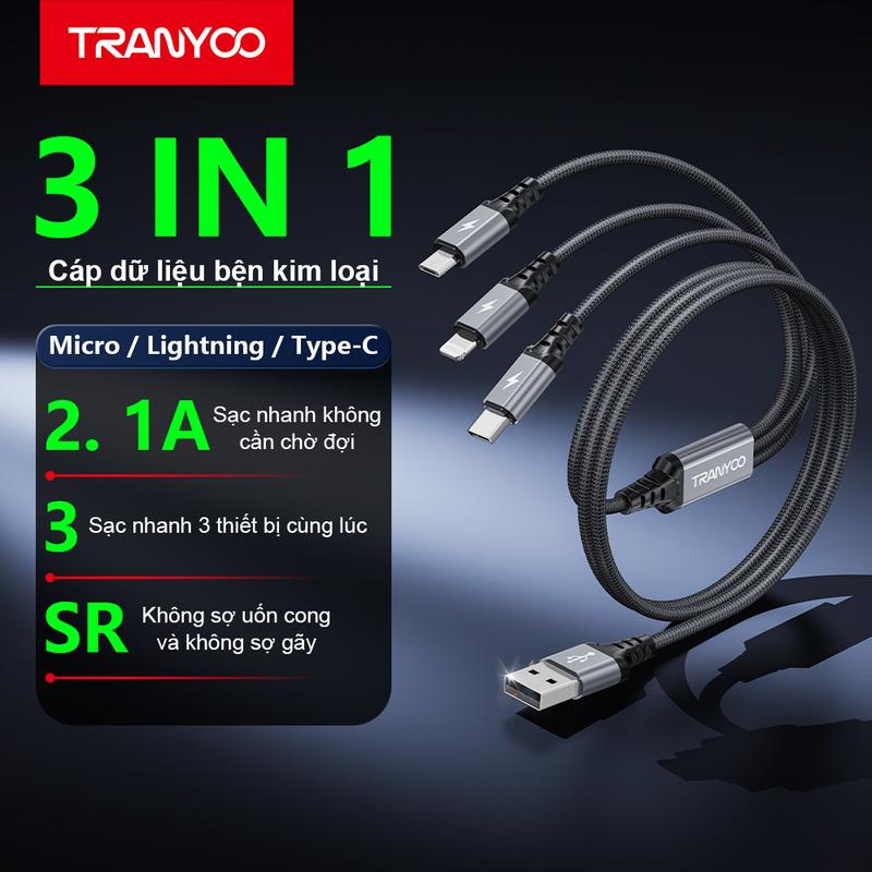   TRANYOO  Cáp Sạc Nhanh 3 Đầu XS6 3IN1 sạc nhanh 2.1A siêu bền thiết kế chống gập dài 1M2 Phụ Kiện Usb Sạc Điện Thoại Vietnam Multicoloured Cables Chargers & Adapters caps a c sieu ben Type C 