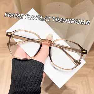 Kacamata wanita ultra ringan, berbingkai besar, warna cokelat dengan nuansa dingin, gaya Korea, trendi, sempurna untuk tampilan alami, membuat wajah bulat terlihat lebih ramping, tersedia bingkai kacamata resep.