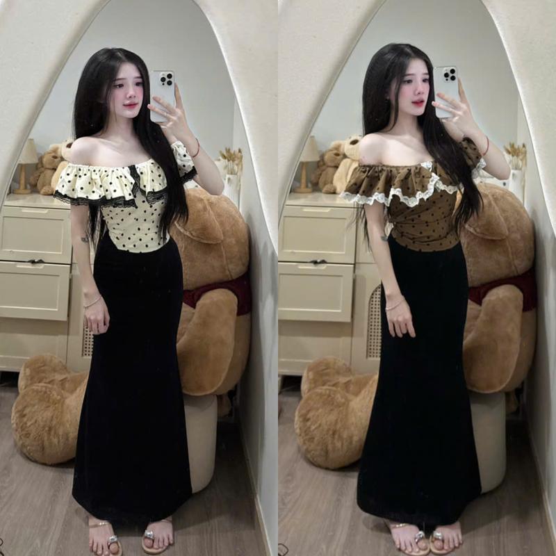 Set bộ nữ , áo kiểu nữ trễ vai viền ren chấm bi phối chân váy dáng dài PLS423