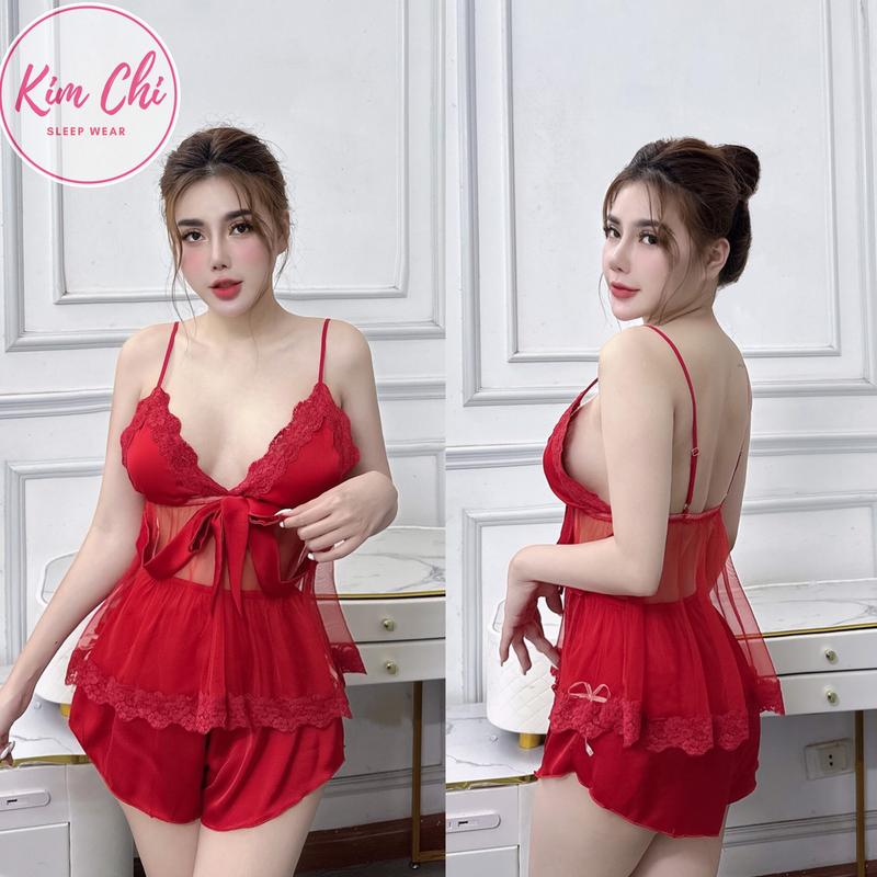 Đồ ngủ 2 dây nữ, lưới cột nơ lụa latin mềm, có tăng chỉnh kích cỡ 40kg - 58 kg mặc mát mùa hè gói 1 bộ Women Voi Áo, có mút