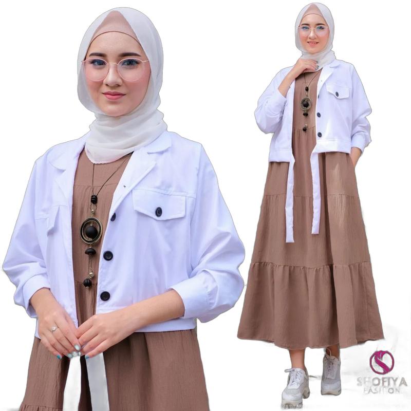 Valen set 2in1 Setelan Polos  Baju  wanita Muslimah Iner  Gamis Panjang + Atasan outhers Putih Terbaru Kancing Aktif Bahan Crinkle Fremium 1