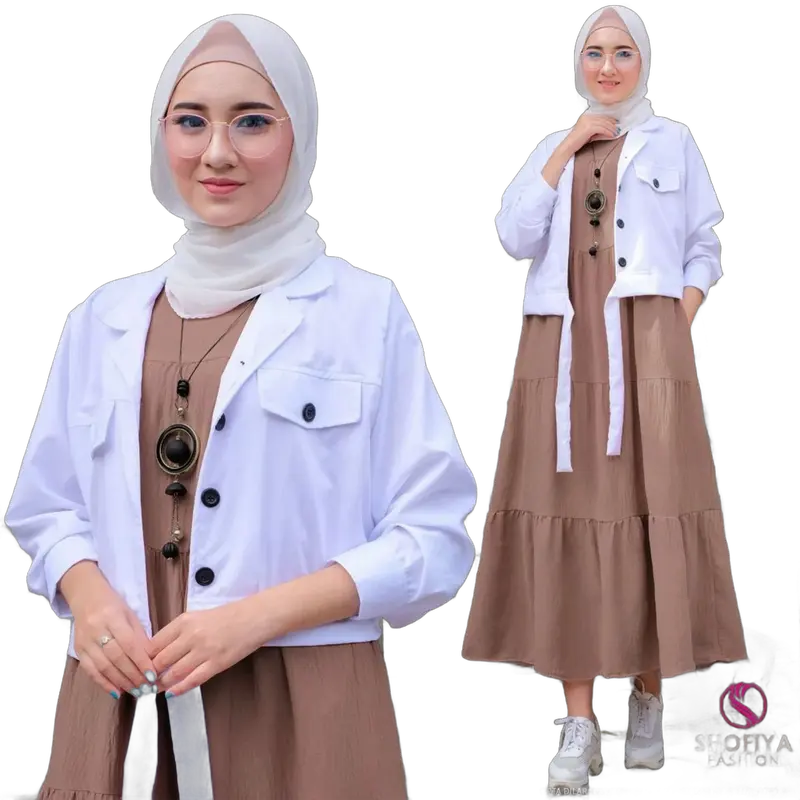 Valen set 2in1 Setelan Polos  Baju  wanita Muslimah Iner  Gamis Panjang + Atasan outhers Putih Terbaru Kancing Aktif Bahan Crinkle Fremium 0