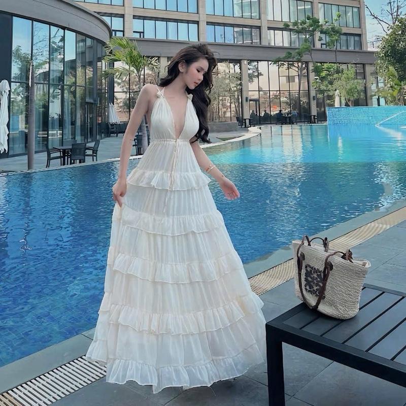Đầm MAXi TƠ GÃY tầng hai lớp có mút ngực dài xoè to chuẩn hình cao cấp