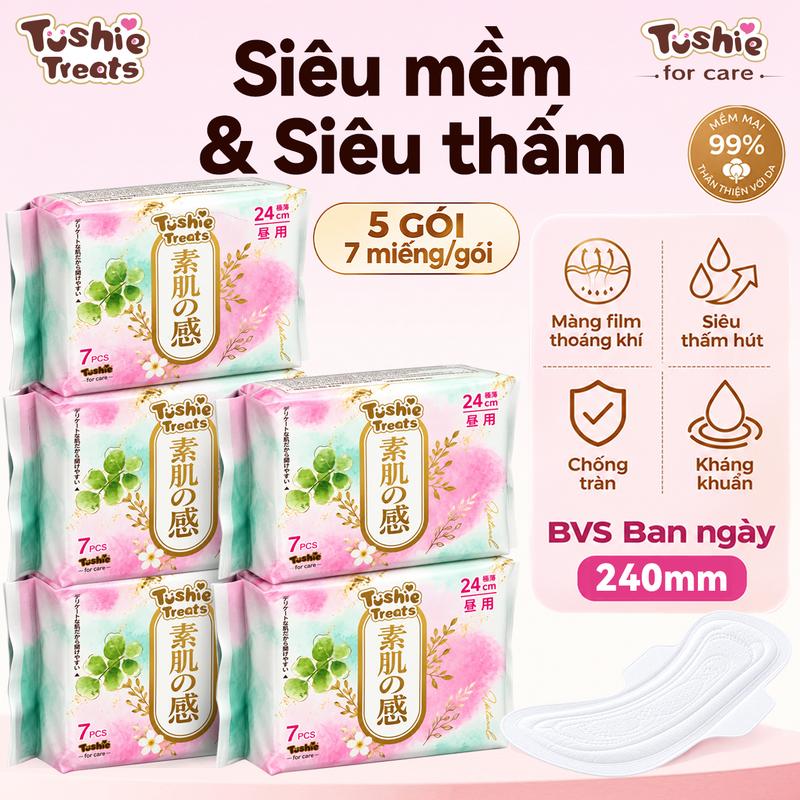 Băng vệ sinh cao cấp được nâng cấp mới của Tushie Treats, với bề mặt cotton siêu mỏng và siêu mềm, 7 miếng/gói, dài 24 cm.
