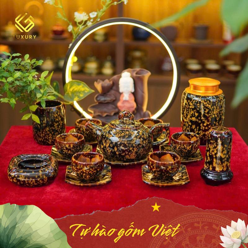 FULL PHỤ KIỆN Bộ Ấm Chén Quả Hồng Hoàng Kim Sa Ánh Vàng Đầy Đủ Phụ Kiện - Ấm Chén Bát Tràng - Gốm Sứ Luxury