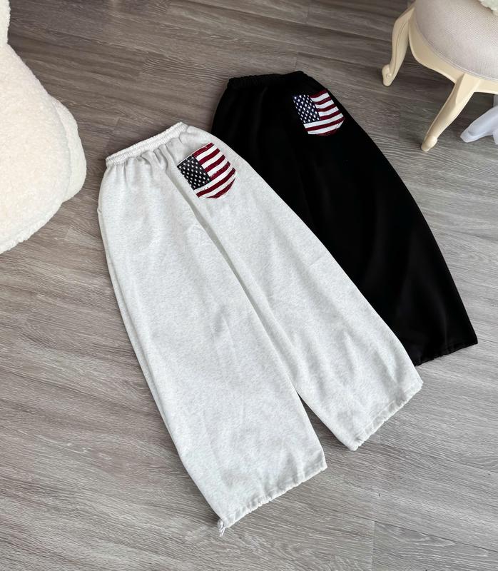 QUẦN XUÔNG ỐNG RỘNG CHẤT LIỆU 2 DA CÓ DÂY RÚT thiết kế cờ mỹ hot trend