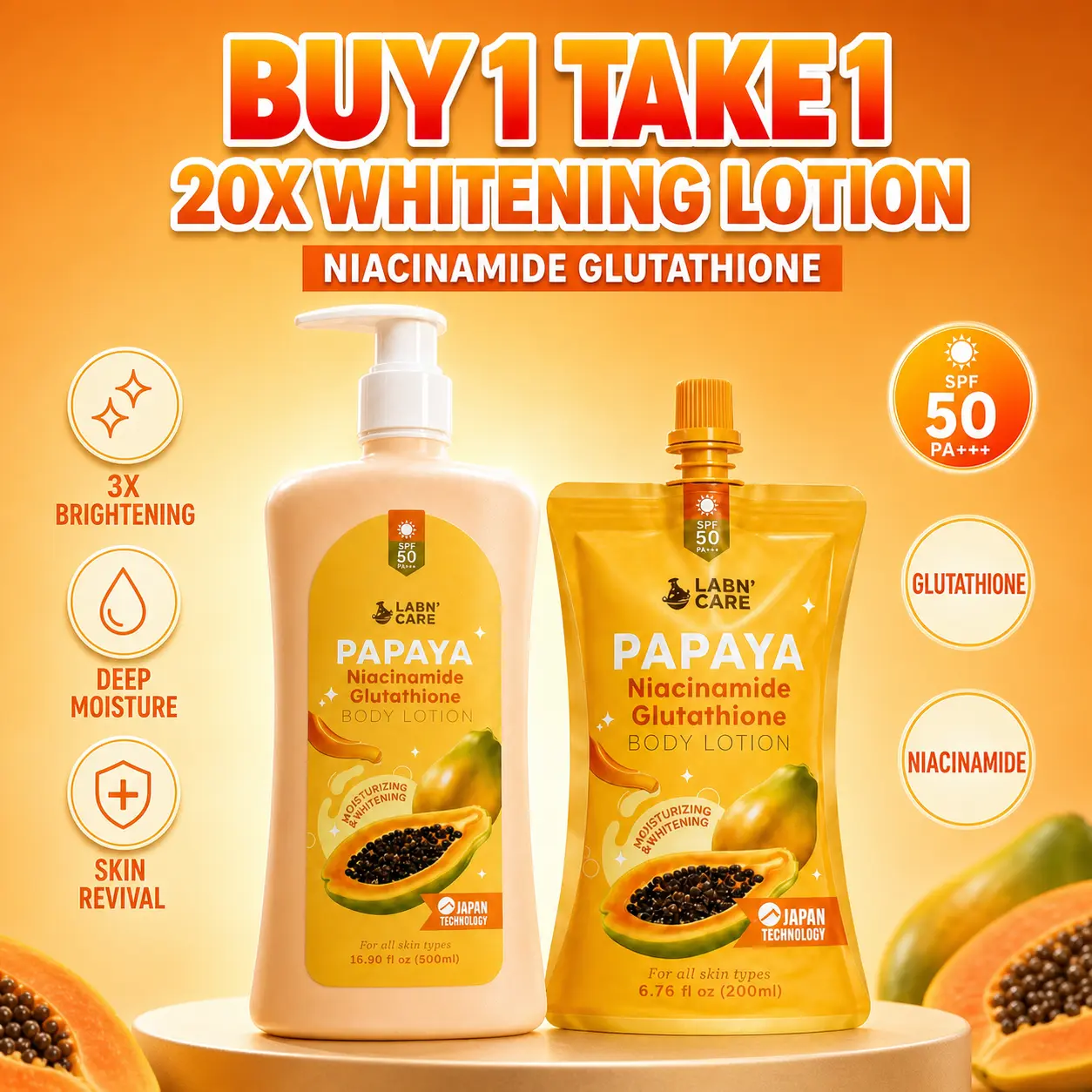 LABN'CARE PAPAYA Glutathione & Niacinamide Body Lotion SPF 50 PA++ Moisturizing Brightening Papaya Scent for Acne Discoloration Lightening Daily Use
