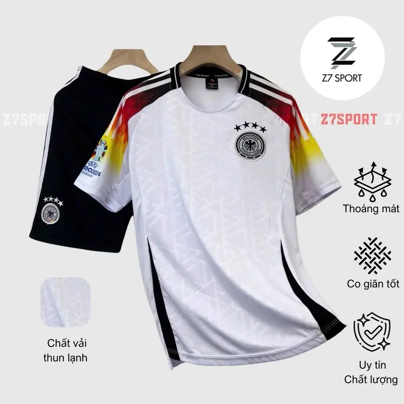 Bộ quần áo bóng đá, đồ đá banh ĐỨC TRẮNG LOGO THÊU vải thun lạnh cao cấp loại I Top Sport