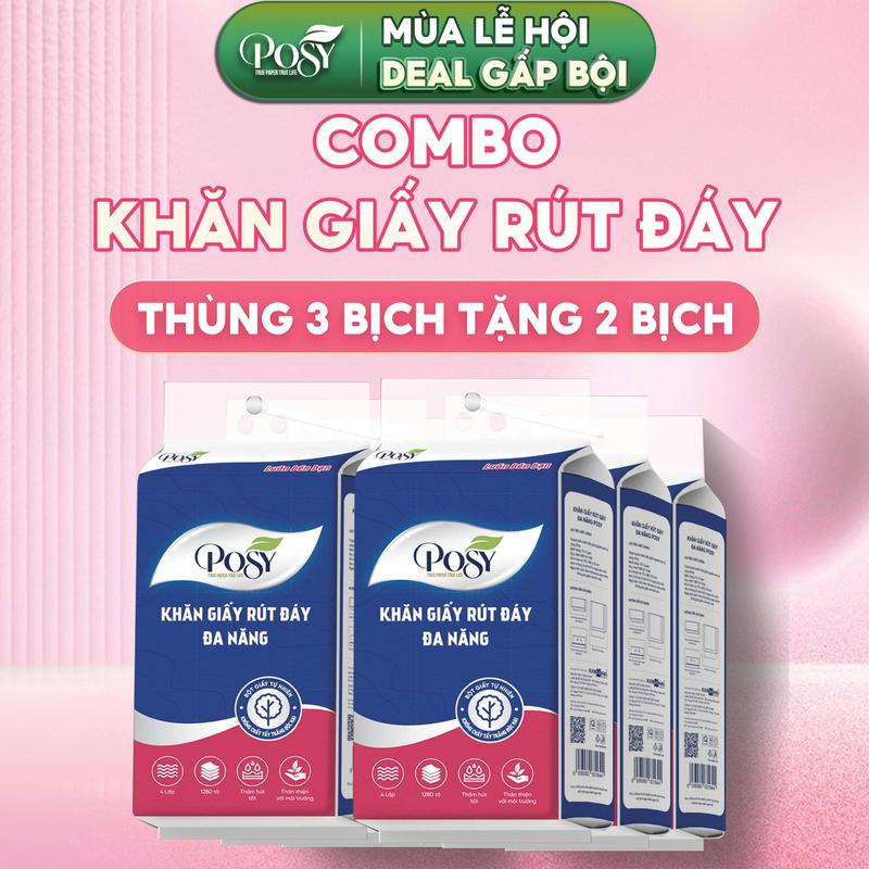   LIVE  THÙNG 5 BỊCH Khăn giấy treo tường POSY 1280 tờ 4 lớp giấy ăn giấy vệ sinh mềm mịn tiện dụng tiết kiệm KÈM MÓC TREO 