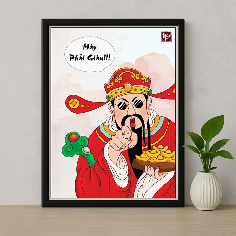 Tranh Gỗ Tráng Gương THẦN TÀI "MAY PHAI GIAU" chế hài hước - Khung gỗ Khung bo viền tặng phụ kiện nhiều kích thước