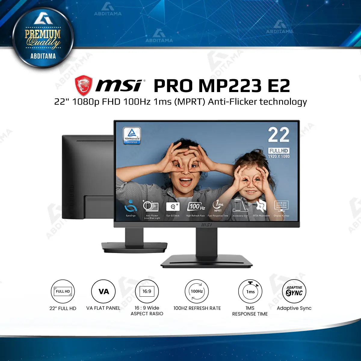 Monitor LED MSI PRO MP223 E2 22" 1080p FHD 100Hz 1ms (MPRT) HDMI 1.4 x1 DP 1.2 x1 MSI Anti-Flicker technology provides a very comfortable viewing experience by reducing the amount of screen flicker