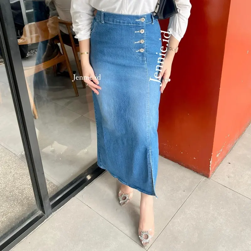 Kamila Rok Jeans kancing Belah Samping Style Denim Casual premium Panjang 7
