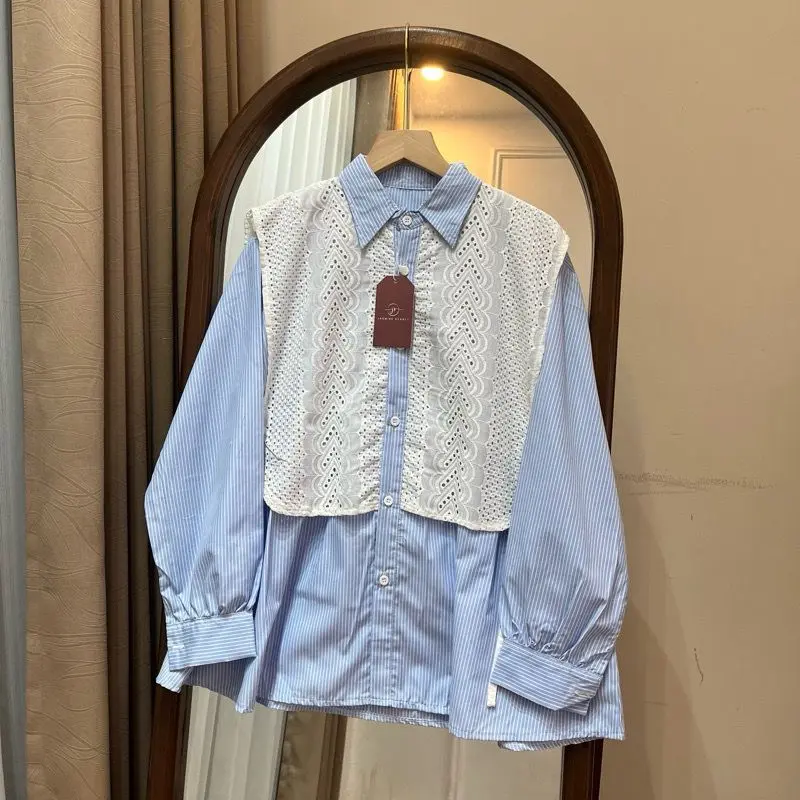 Arumi blouse salur kombinasi brukat premium lengan panjang jumbo ld120 viral 2024