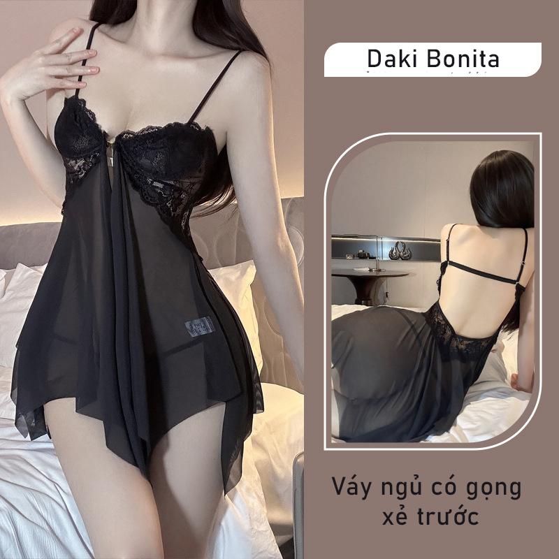 Bộ đồ đầm ngủ nữ sexy DK13 kiểu váy 2 dây cài trước có gọng kèm quần lót
