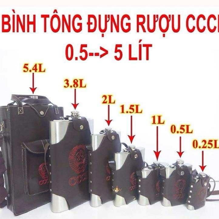 Bình tông Đựngn nước, Đựng riệu inox 304 dung tích 2Lít hàng dày 0,6mm tặng bao da như hình,có Ly và Phễu Rót