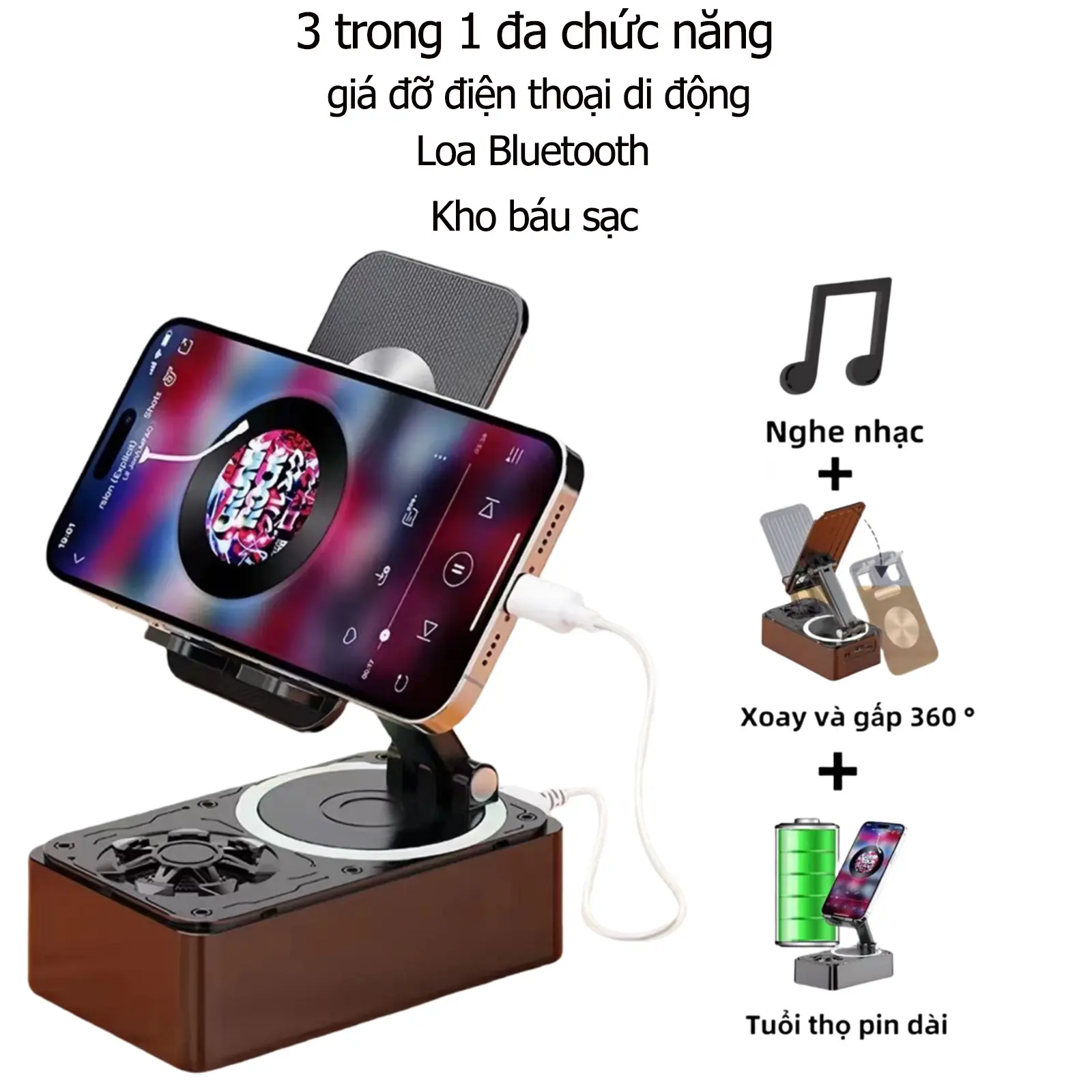 Loa Bluetooth, Giá đỡ điện thoại, Sạc Dự Phòng Đa Năng 3 trong 1, Âm Trầm xung quanh, Đế chống trượt gấp, Thích hợp cho nam và nữ, Tương thích với iPhone / iPad / Samsung Phụ Kiện