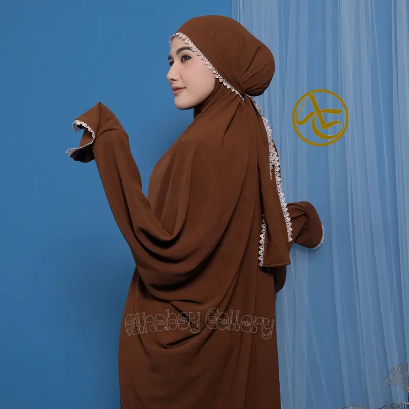 Mukena Terusan Dewasa Dubai Penutup Dagu Crinkle Airflow Premium Mewah Renda Motif 0