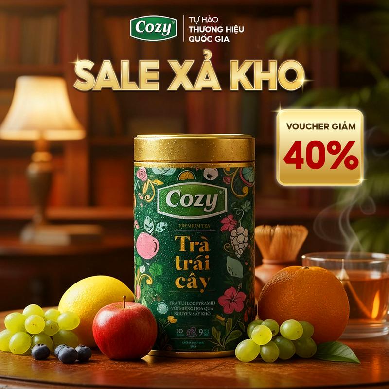 Voucher 40% Giáng Sinh An Lành Trà Trái Cây Hộp Thiếc Cozy Premium Date 12 2026 – Hoa quả Mix | Túi Lọc 3D | Thơm Dễ Uống – Không Mất Ngủ | Detox | Hộp 10 Gói x 3gr