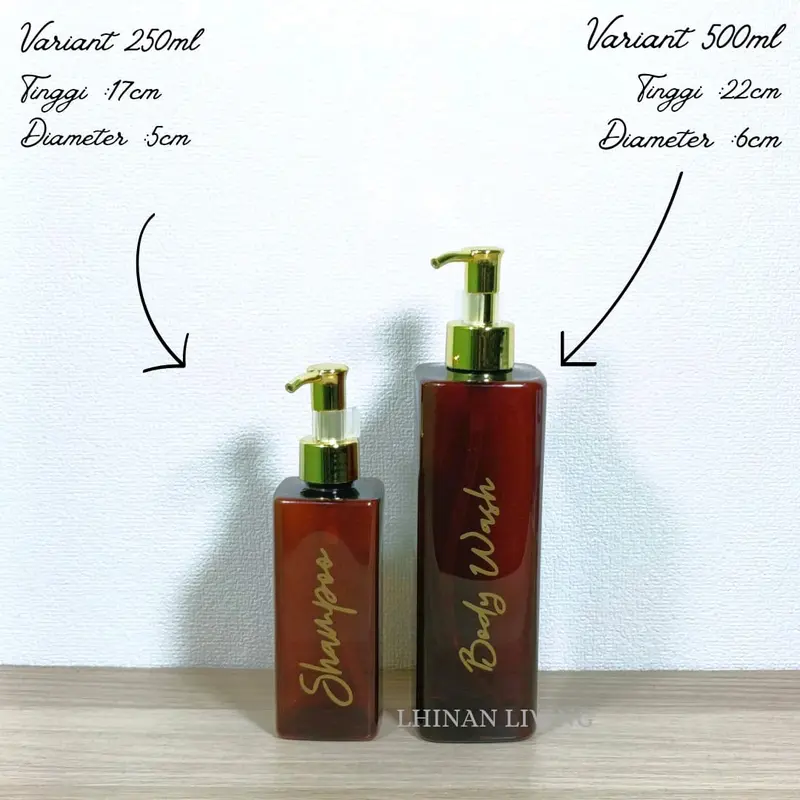 Botol Sabun Cair Aesthetic Kotak Transparan & Amber Glosy Gold dengan Pump Gold Luxury - Plastik 3