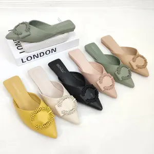 Simoncelli Sandal Wanita Flat Sandal Kerja Hitam Black Khaki Sandal Kondangan Kuliah Sandal Mules Terbaru Import 6379A-1 Sendal