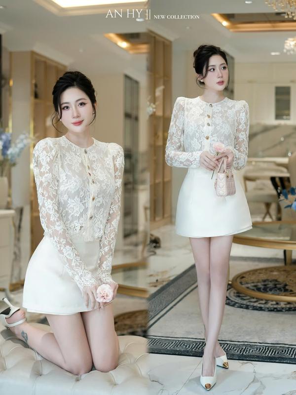  Áo kiểu thiết kế ren kem tay dài cúc trái tim tiểu thư tôn dáng thanh lịch AN HY AH340 