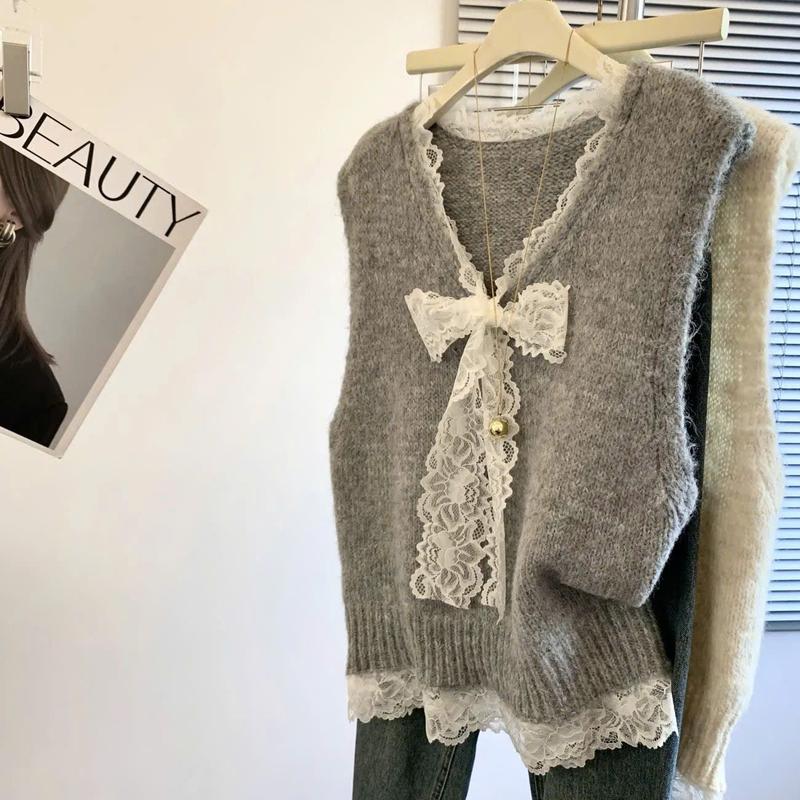 Áo Gile Bán Rời, Áo Len Không Tay Cổ Viền Ren Phối Vạt Ren Dây Cột Nơ Form Suông, Áo Len Dệt Kim Nữ Chất Mềm Mịn Len Dệt Kim Lông Thỏ Cổ V  Phong Cách Hàn Quốc Hot Camcloset Nữ Top Women