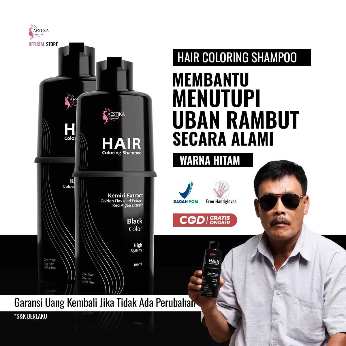 2 Pcs Aestika Black Hair Coloring Shampoo - Membantu menghitamkan uban, menghitamkan rambut, Membantu menutrisi rambut Extract