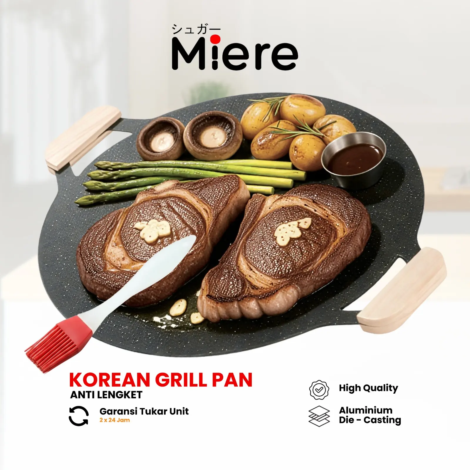 Mierehome Alat Panggangan BBQ Grill Pan Korean Wajan Bulat Anti Lengket Serbaguna Grill Pan BBQ Wajan Pemanggang Multifungsi Ukuran 30cm-38cm Lapisan Teflon Anti Lengket Cocok untuk Kompor Portable