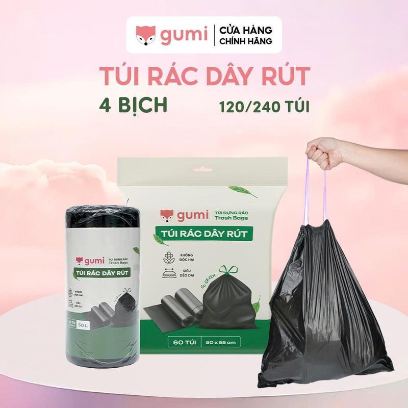 Combo 4 Túi rác Gumi túi đựng rác có dây rút tự phân huỷ bịch size 50x55cm 65x78cm túi đen đựng rác có quai