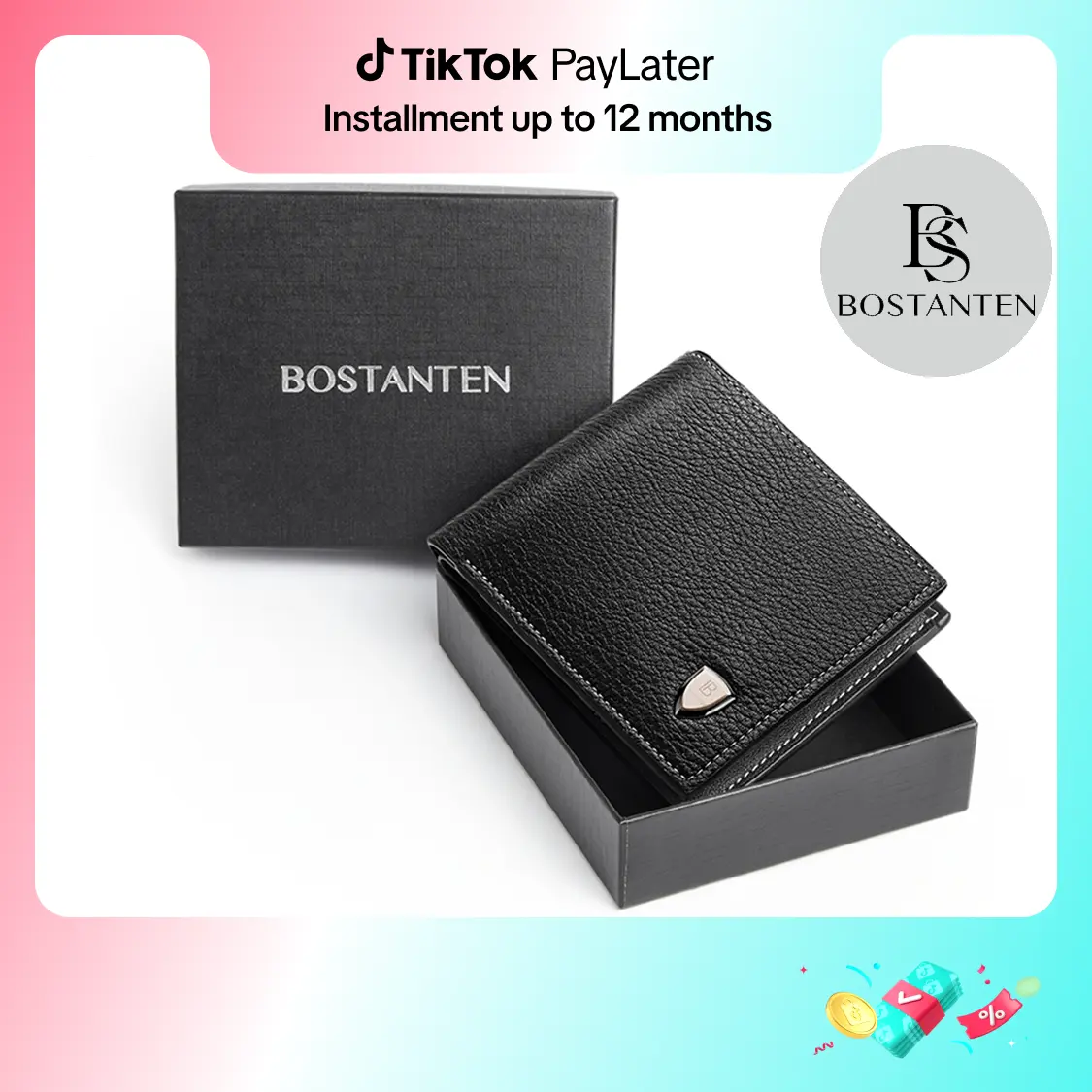Bostanten Cowhide Pu Leather Holder Bifold Wallet Plain Weave For Men(Packing: Wallet + Gift Box )