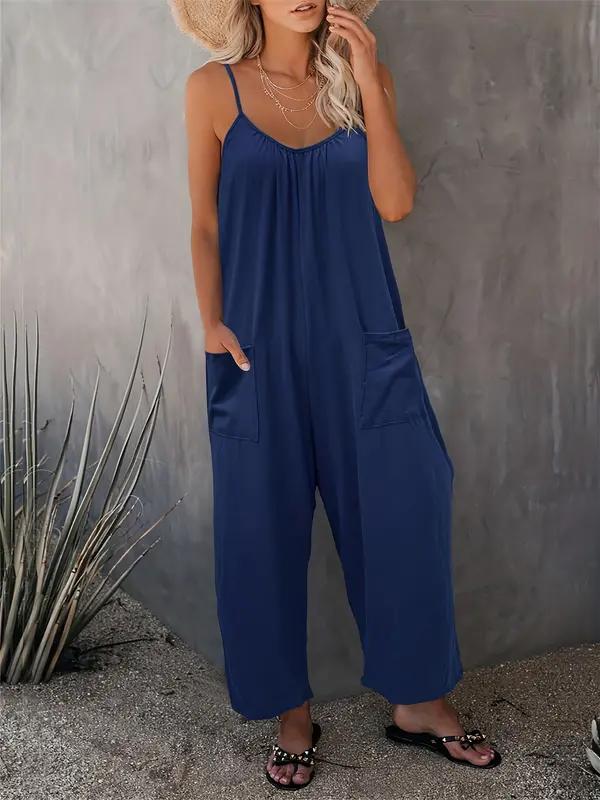 Women's Solid Color Pocket Jumpsuit, Casual Comfy Overalls Jumpsuit for Beach Vacation Holiday, Ladies Clothes for All Seasons 2