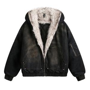 [Fast Shipping] 2025 Autumn/Winterの新しいトレンディなぬいぐるみジャケット、ダメージウォッシュデニム生地、男女兼用、ルーズフィット、カジュアルで多目的、暖かくて防風、耐寒性、コットン生地、ファーカラーデザイン、男女兼用サイズ