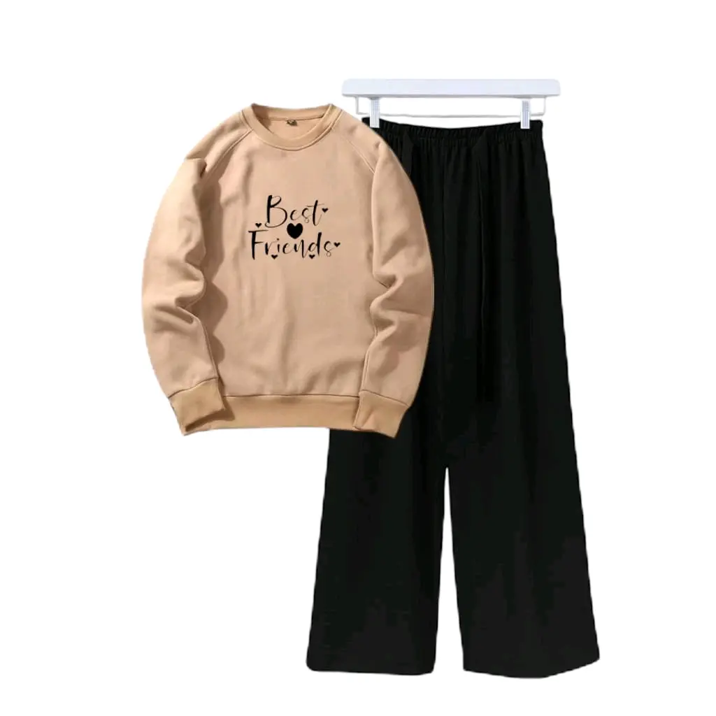 One Set Setelan Sweater Oblong Crewneck Atasan Dan Celana Kulot Remaja Atau Wanita BEST FRIENDS Bahan FLEECE Celana Kulot Hitam