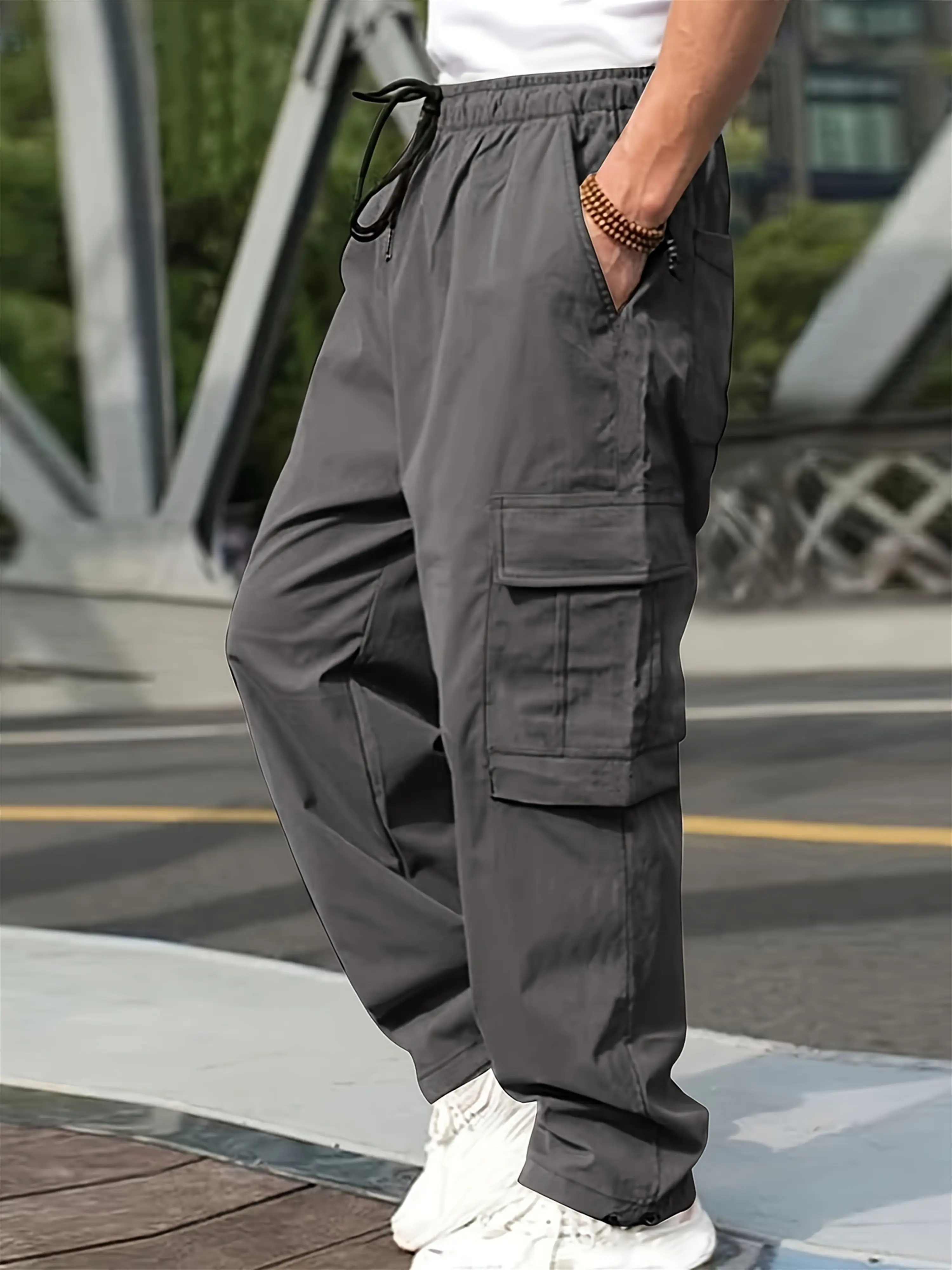 Street style men's loose drawstring overalls, multi-pocket, suitable for outdoor leisure and work, spring and autumn