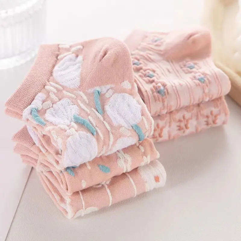 Kaos Kaki Wanita Korean Fashion Motif Flower Warna Pink Semata Kaki - KK1434 Ankle 4