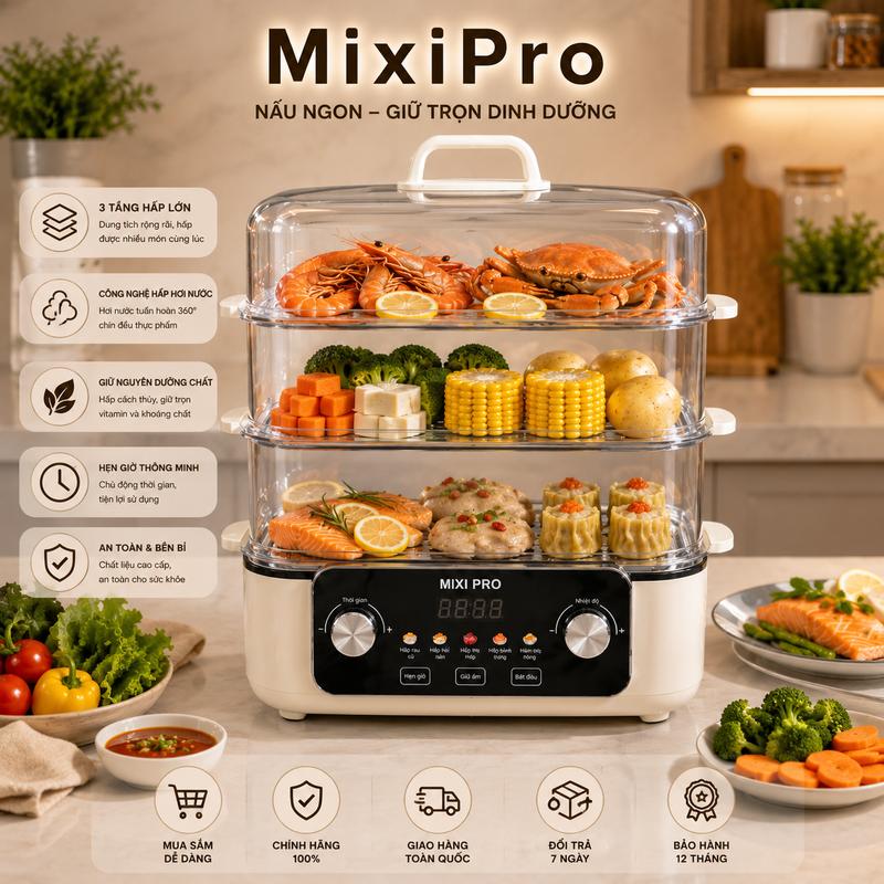 Nồi Hấp Điện 3 Tầng MIXIPRO Dung Tích 50L Có Nút Xoay Thông Minh | Màn Hình LED Cảm Ứng | Hấp - Nấu Lẩu Đa Năng 2in1