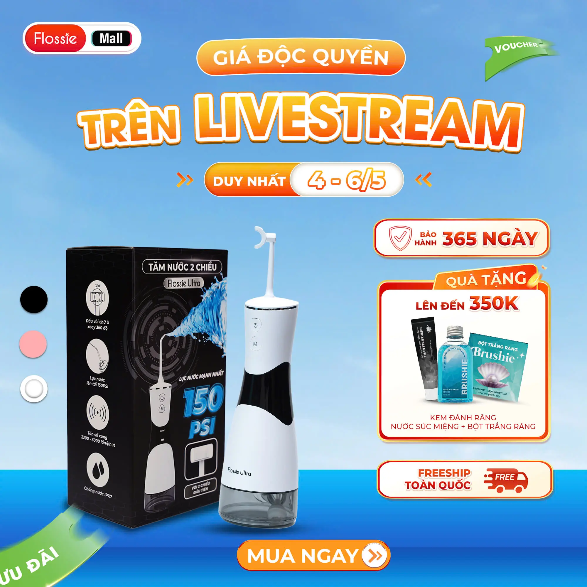 [SALE TO NHẤT THÁNG 5/5] Tăm nước Flossie Ultra - Phiên bản LIMITED Mừng 30/4-1/5 - Máy Tăm Nước 2 Chiều - Tặng Kem Đánh Răng + Bột Ngọc Trai