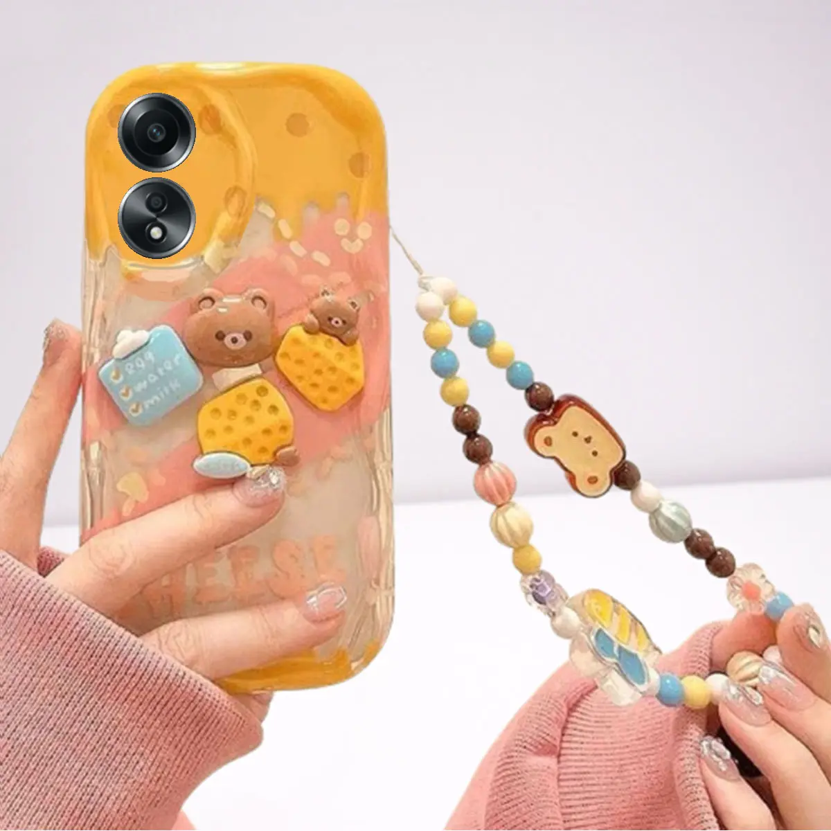 CASE FOR OPPO A18 A38 A58 A78 A57 A77S A17 A17K MOTIF CUTE CHESSE BEAR LANYARD STRAP PROTECTOR CAMERA PREMIUM SOFTCASE SS865