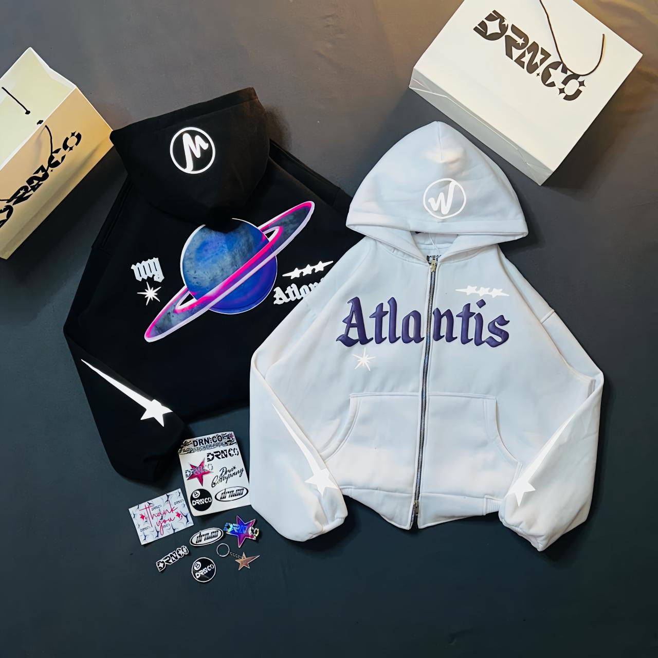 DRN.CO Hoodie Zipper Boxy ATLANTIS Sablon timbul 3D Foaming Bahan Flacee Unisex dengan Desain Unik dan Nyaman