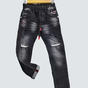 Celana Panjang Jeans STRECH Anak Laki-laki Usia 4-12 Tahun Bahan Jeans Stretch Denim Model RINGKEL Sobek DISTRO LUTUT Tidak Tembus New Fashion Keren Desain Modis Hitam Wash Spary