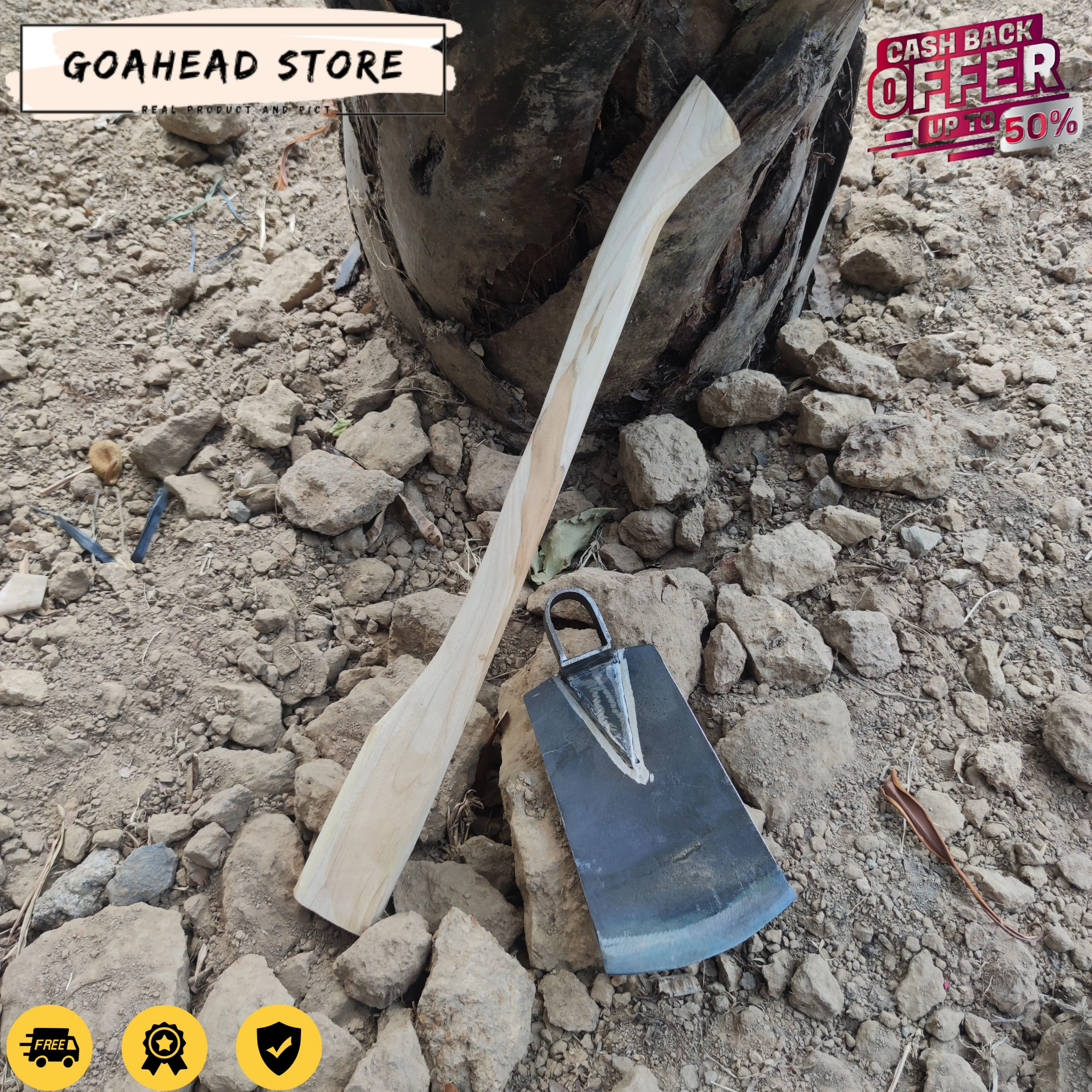 Ganco Jegol Tanah Kering Super Kuat Plus Gagang Kayu Jati 60 CM - Cangkul Ganco Ukuran Jumbo Paket Murah Dan Doran - Ganco Anti Lengket Baja Super Tebal