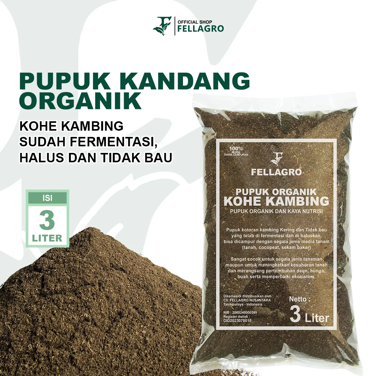 FELLAGRO - KOHE DOMBA/KAMBING PREMIUM SERBUK 3LITER PUPUK KANDANG ORGANIK SERBUK MURNI TANPA CAMPURAN